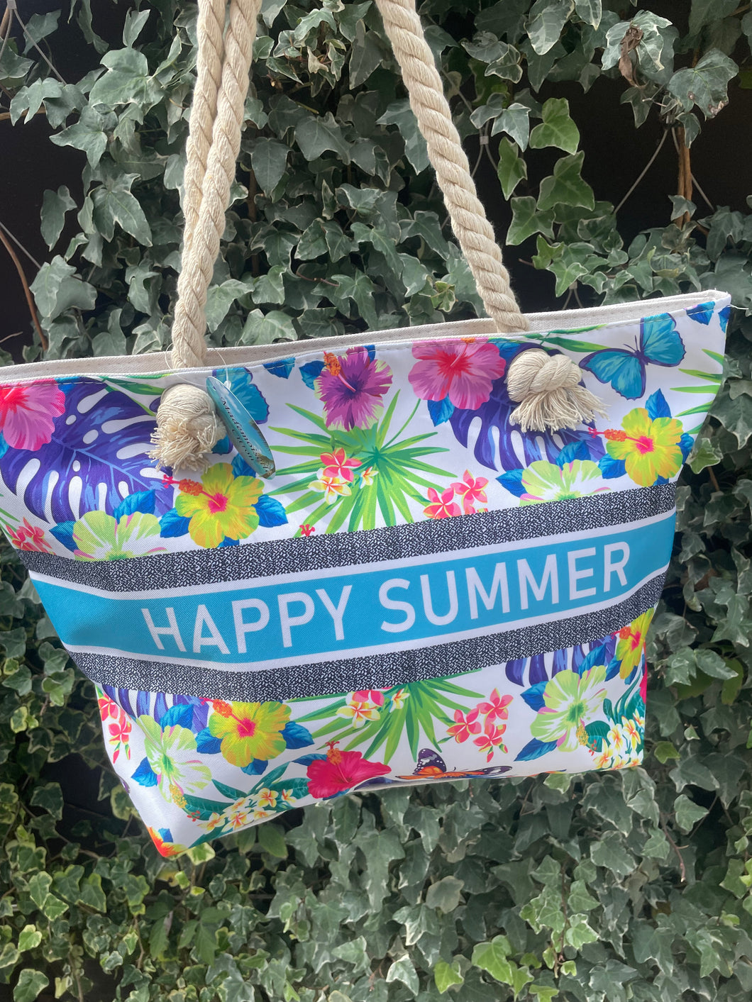 Strandtas happy summer blauw