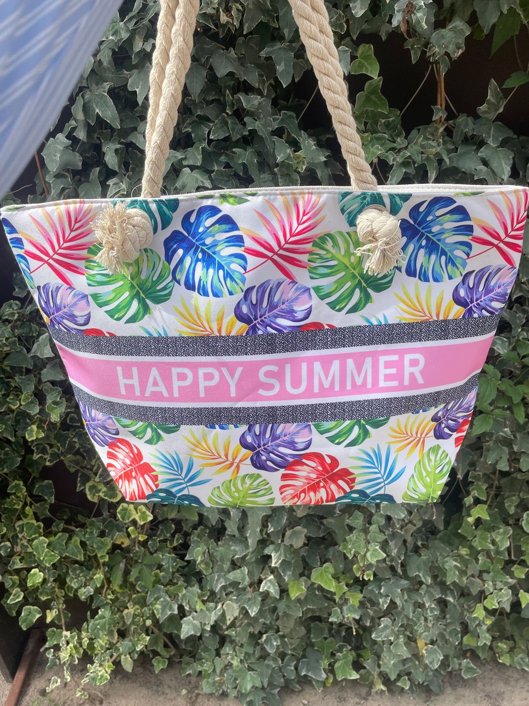 Strandtas happy summer roze